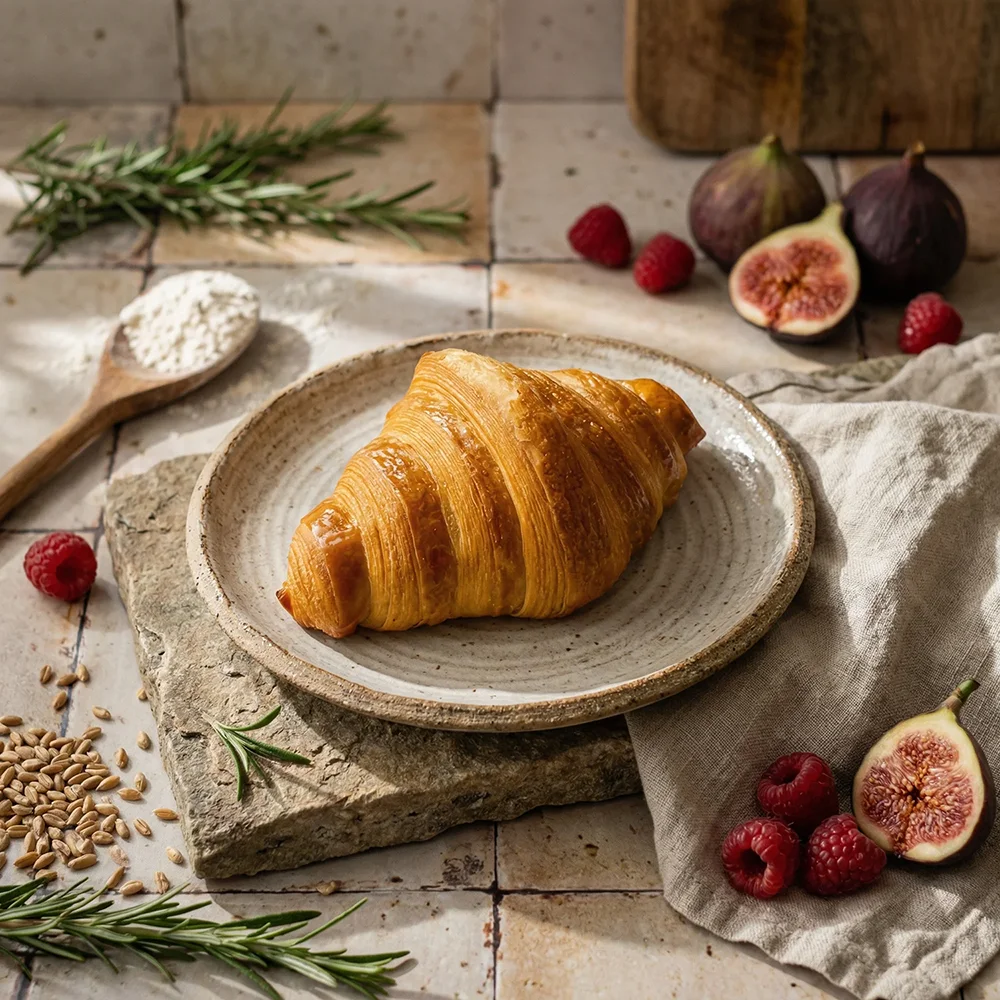 Photoshoot IA croissant en ambiance boulangerie
