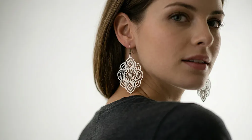 Photoshoot IA portrait avec boucles d'oreilles
