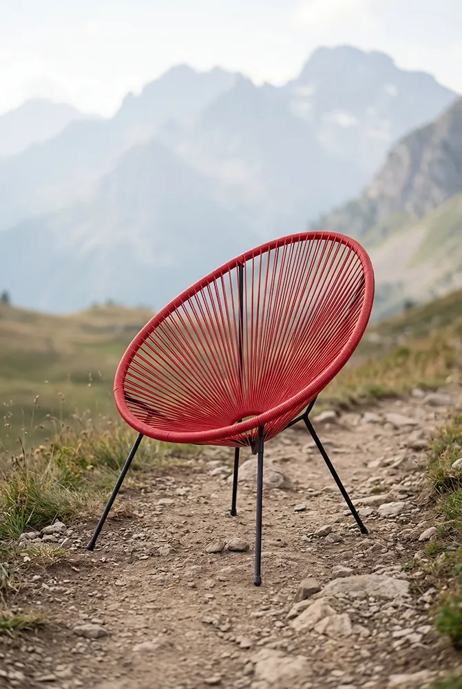 Photoshoot IA fauteuil rouge paysage montagneux