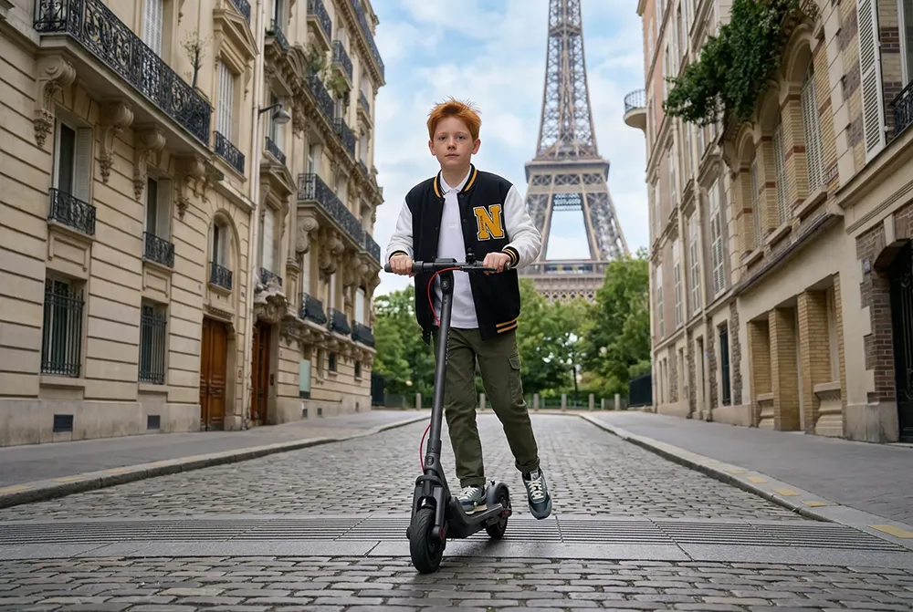 Photoshoot IA enfant en trottinette devant la Tour Eiffel
