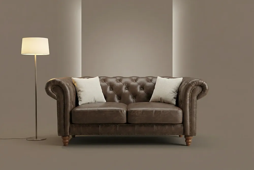 Photoshoot IA canapé en cuir dans un décor minimaliste