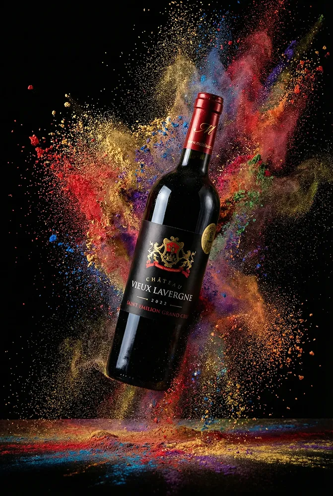 Photoshoot IA bouteille de vin lévitation poudres